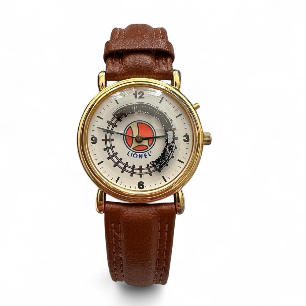Vintage Lionel Train Motif Gold-Tone Quartz  Watch with Brown Leather Strap